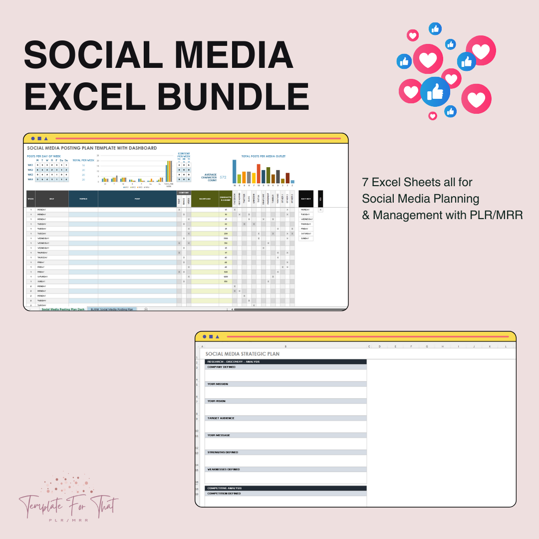 PLR Excel Sheet Bundle, Social Media Planning Excel Sheets